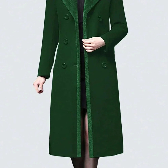 Green Casual Women's Stylish Double-Breasted Notched Lapel Midi Pea Coat - Picture 5 of 5